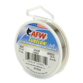 AFW Surflon, Nylon Coated 1x7 Stainless Steel Leader Wire, 170 lb/77 kg test, .065 in/1.65mm dia, Camo, 30ft/9.2m